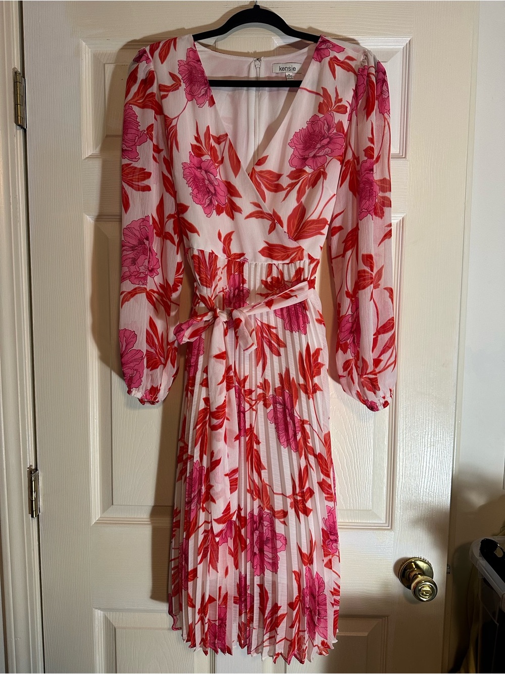 kensie Pink & Red Floral Pleated Midi Dress